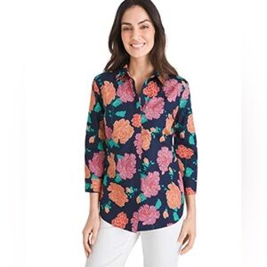Chico's Navy Floral‎ Print No Iron Stain Shield Cotton Resort Shirt Size 2 12/14